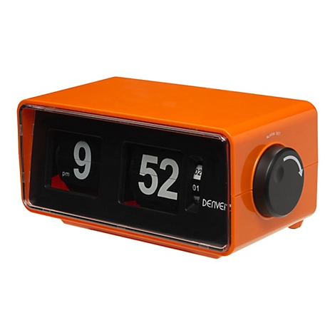 Orangefarbene Retro-Klappzahlenuhr der Marke Denver mit schwarzem Ziffernblatt und seitlichem Einstellknopf.