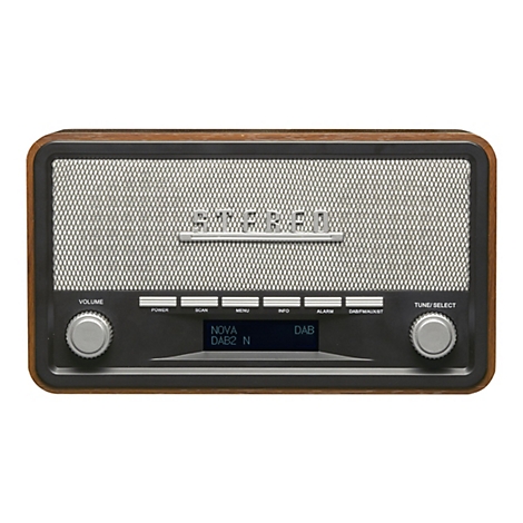Digitalradio im Retro-Design mit Holzgehäuse, grauer Stoffblende und schwarzer Frontblende mit digitaler Anzeige.
