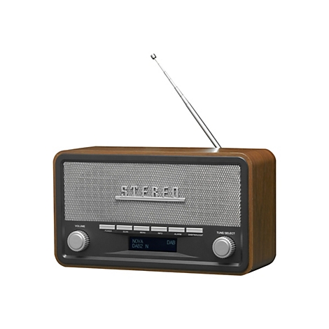 Digitalradio im Retro-Design mit Holzgehäuse, grauer Frontblende, silbernen Drehknöpfen und ausziehbarer Antenne.