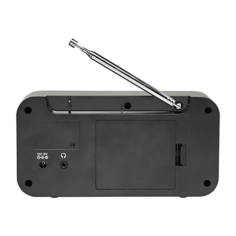 Rückseite eines schwarzen Radios mit ausziehbarer Antenne, Kopfhöreranschluss und DC 5V Stromanschluss.