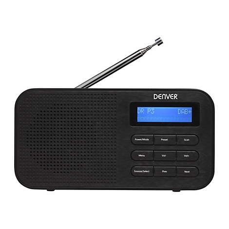 Schwarzes Denver DAB+ Digitalradio mit ausziehbarer Antenne, Lautsprechergitter und blauem LCD-Display.