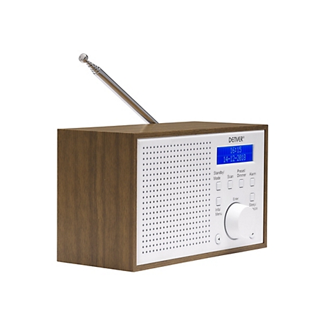 Digitalradio von Denver mit Holzgehäuse, weißer Front und ausziehbarer Antenne.
