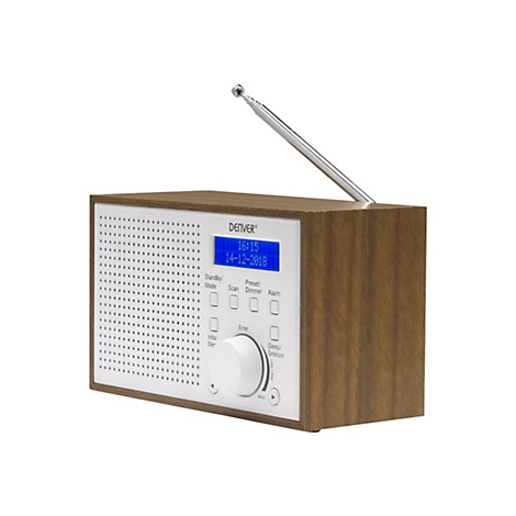 Digitalradio von Denver in Holzoptik mit weißer Front, Lautsprechergitter, Display und ausziehbarer Antenne.