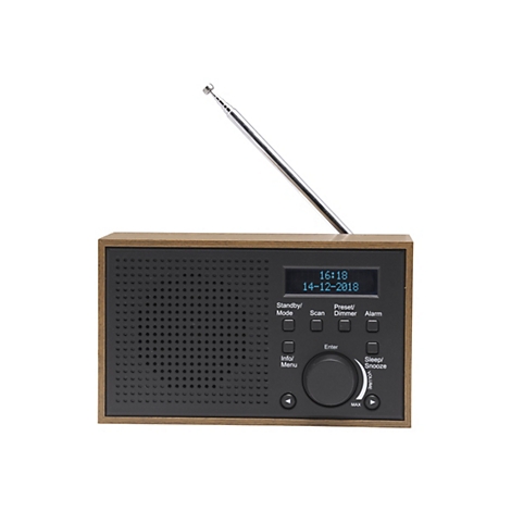 Digitalradio im Retro-Look mit Holzgehäuse, schwarzer Front, Display und ausziehbarer Antenne vor weißem Hintergrund.