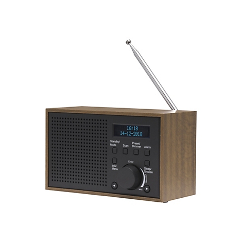 Digitalradio in Holzoptik mit Lautsprecher, Display, Antenne und Bedientasten vor weißem Hintergrund.
