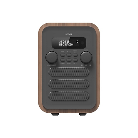 Digitalradio von Denver mit Holzgehäuse, Display und Bedientasten auf grauem Hintergrund.