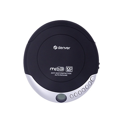 Schwarzer tragbarer CD-Player von Denver mit MP3-Wiedergabe und silbernem Bedienfeld vor weißem Hintergrund.