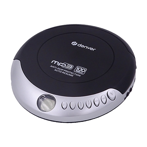 Runder, schwarzer Denver MP3-CD-Player mit silberner Blende und Bedienknöpfen auf weißem Hintergrund.