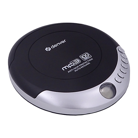 Runder, schwarzer Denver MP3-CD-Player mit silbernem Rand und Bedienungstasten vor neutralem Hintergrund.