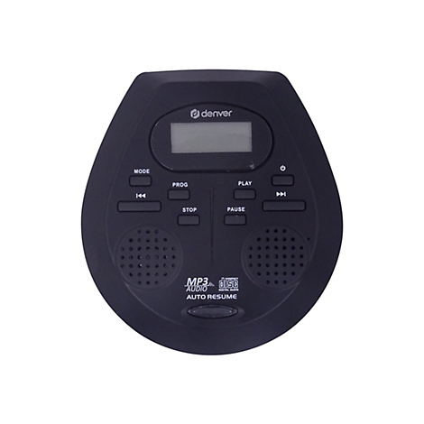 Schwarzer tragbarer CD-Player von Denver mit Display, Tasten für Wiedergabe, Stopp und Modus, sowie zwei Lautsprechern.