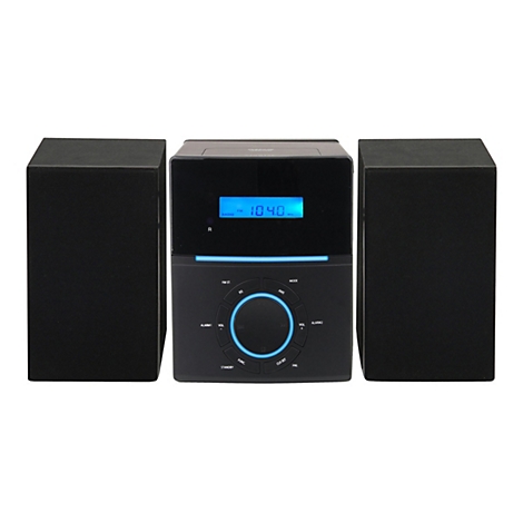 Schwarzes Radiosystem mit zwei Lautsprechern und blau beleuchtetem LCD-Display vor weißem Hintergrund.