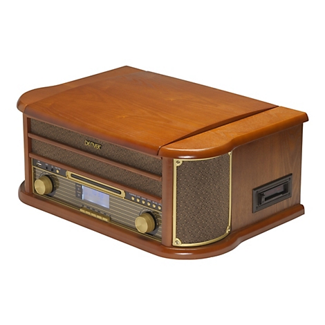Denver Musikcenter im Retro-Design mit Holzgehäuse, Lautsprechergitter und digitalem Display vor weißem Hintergrund.