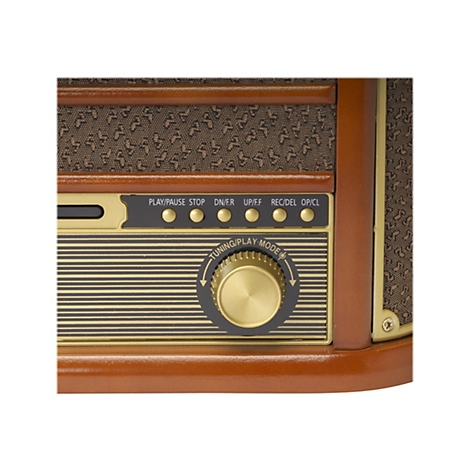 Nahaufnahme der Bedienfront eines Retro-Radios mit Drehregler und Tasten.