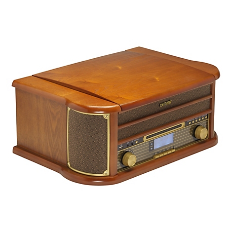 Denver Retro Musikcenter mit Holzgehäuse, CD-Player, Radio und Anschlüssen vor weißem Hintergrund.