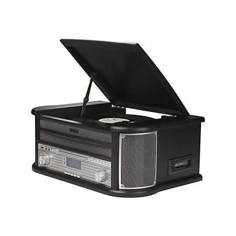 Schwarzes Denver Retro-Musiksystem mit geöffnetem Plattenspieler-Deckel und silberner Frontblende vor weißem Hintergrund.