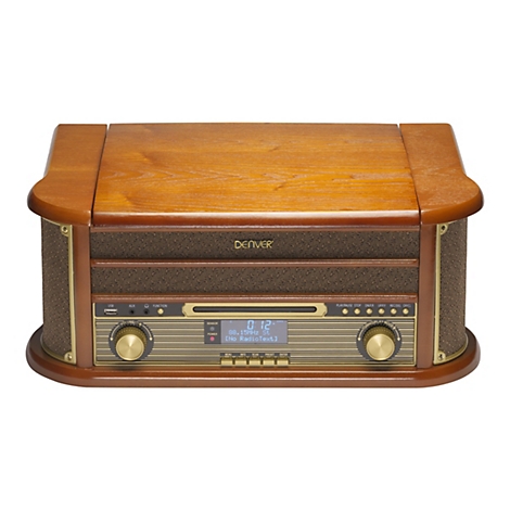 Retro Radio von Denver mit Holzgehäuse, digitalem Display und Drehreglern vor weißem Hintergrund.