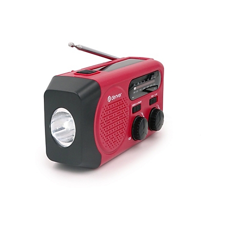 Rotes Kurbelradio der Marke Denver mit integrierter Taschenlampe und ausziehbarer Antenne vor weißem Hintergrund.