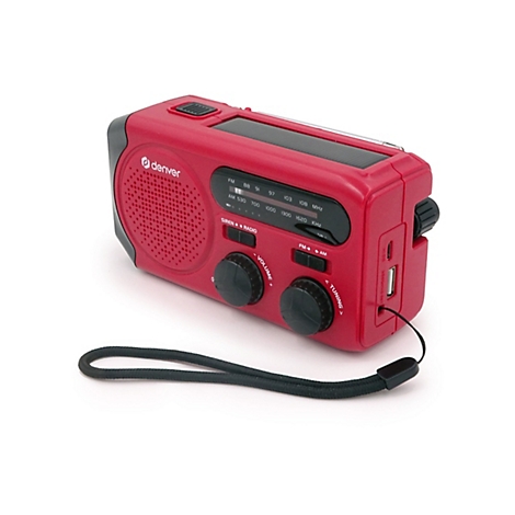 Rotes, kompaktes Denver-Notfallradio mit Solarmodul, Drehreglern und Trageschlaufe vor weißem Hintergrund.