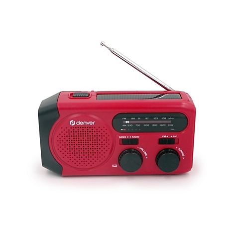 Rotes, kompaktes Notfallradio von Denver mit Teleskopantenne, Solarpanel und Drehreglern vor weißem Hintergrund.