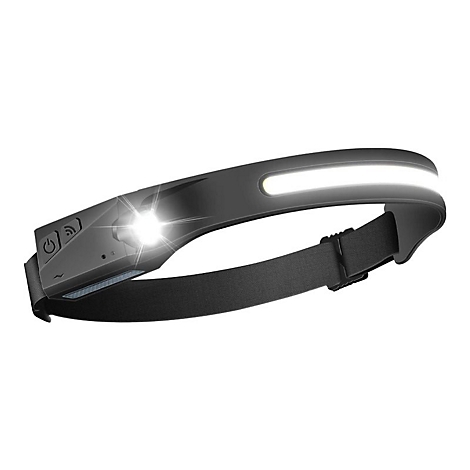 Schwarze LED-Stirnlampe mit leuchtendem Lichtstreifen und seitlichem Spotlicht vor weißem Hintergrund.