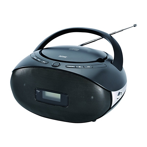 Schwarzer tragbarer CD-Player von Denver mit Tragegriff, Antenne, Lautsprechern und digitalem Display.