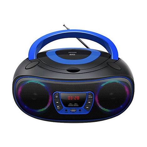 Schwarzer Denver CD-Player mit blauem Tragegriff und LED-beleuchteten Lautsprechern vor weißem Hintergrund.