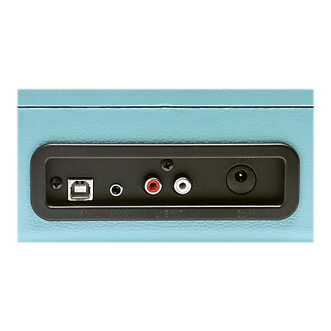 Rückseitige Anschlüsse eines hellblauen Plattenspielers mit USB-, AUX-, Line-Out- und Stromanschluss.