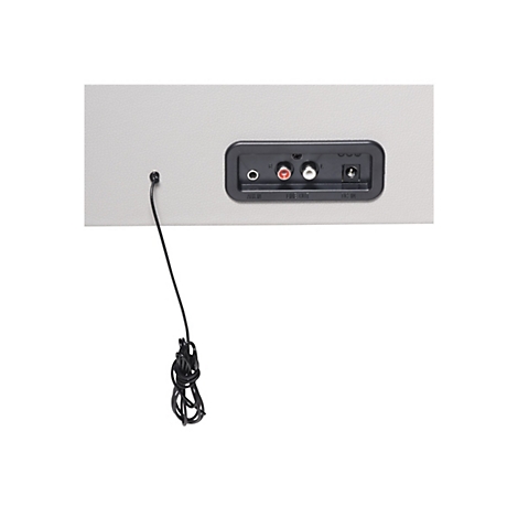 Rückseite eines hellgrauen Geräts mit Anschlüssen für Aux In, Line Out und DC In sowie einem Kabel.