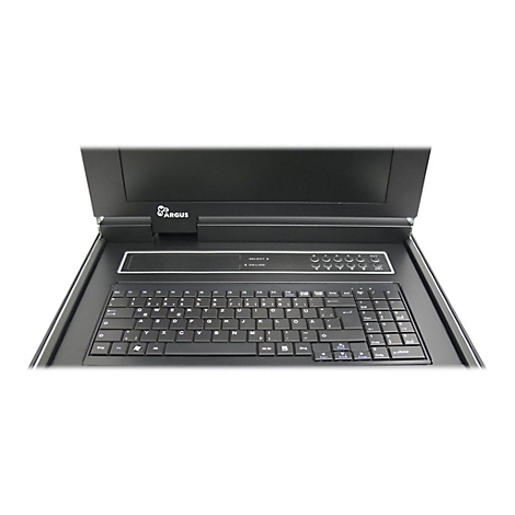 Industrielle Tastatur mit integriertem Bildschirm und Argus-Logo, deutsche QWERTZ-Belegung.