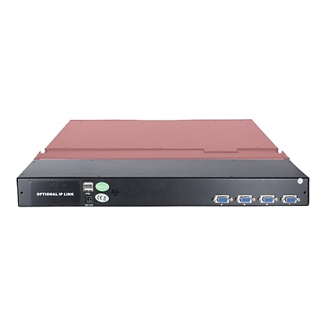 Rückseite eines KVM-Switches mit vier VGA-Anschlüssen, USB-Port und einem Steckplatz für optionalen IP-Link.