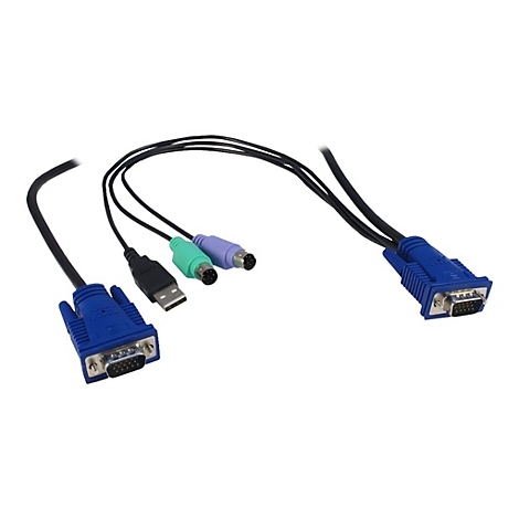 KVM-Kabel mit zwei blauen VGA-Steckern, einem USB-A-Anschluss sowie zwei PS/2-Steckern in Grün und Lila.