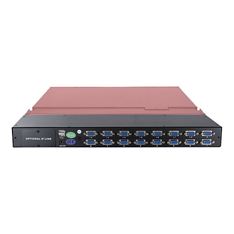 KVM-Switch mit 16 VGA-Anschlüssen, USB-Ports und Stromanschluss vor neutralem Hintergrund.