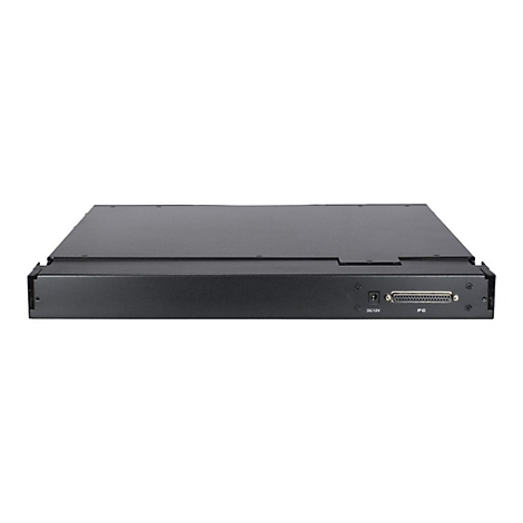 Rückseite eines flachen, schwarzen elektronischen Geräts mit einem DC12V-Anschluss und einem PC-Port auf weißem Grund.