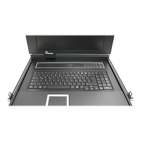 Ausgeklappte 19-Zoll-Rack-Konsole mit schwarzer Tastatur, Touchpad und ARGUS-Logo vor schwarzem Hintergrund.