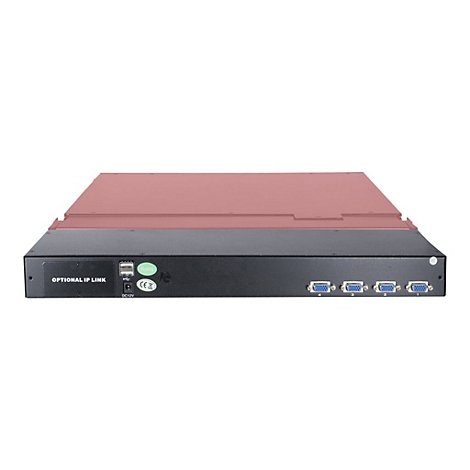 Rückseite eines schwarzen Rack-Switches mit vier VGA-Anschlüssen, USB-Port, Stromanschluss und IP-Link-Slot.