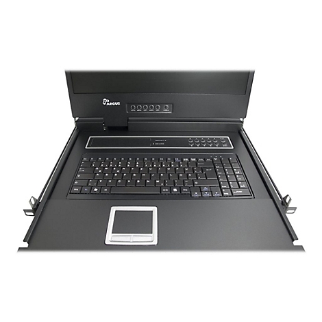 Ausziehbare 19-Zoll Rack-Konsole mit Tastatur, Touchpad und hochgeklapptem Monitor mit Argus-Logo.