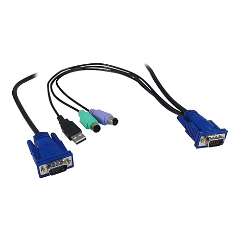 KVM-Kabel mit zwei blauen VGA-Anschlüssen, einem USB-Stecker sowie grünen und lila PS/2-Anschlüssen.