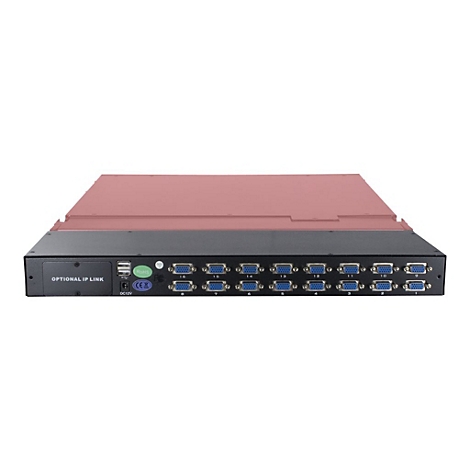 KVM-Switch mit 16 VGA-Ports, schwarzer Frontblende, USB-Anschlüssen und Gehäuse auf weißem Hintergrund.