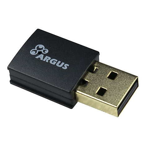 Ein schwarzer Argus-USB-Adapter mit goldenem USB-Stecker vor weißem Hintergrund.