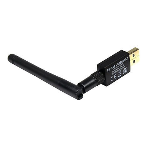 Schwarzer USB-WLAN-Adapter mit ausklappbarer Antenne vor weißem Hintergrund.