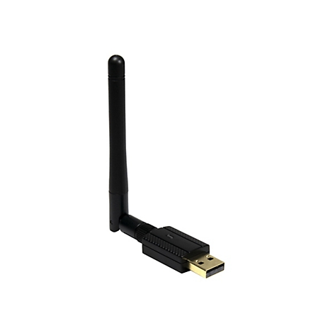 Schwarzer WLAN-USB-Stick mit aufrechter, beweglicher Antenne vor weißem Hintergrund.