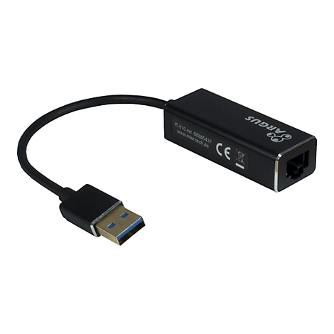 Schwarzer Argus USB 3.0 zu Gigabit-Ethernet Adapter mit kurzem Kabel vor weißem Hintergrund.