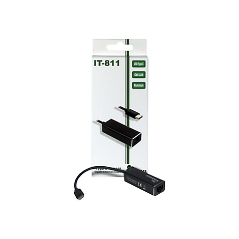 IT-811 USB Typ-C auf Gigabit LAN Adapter in schwarzem Aluminiumgehäuse vor seiner weißen Verkaufsverpackung.
