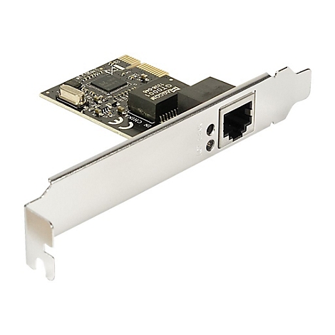 Eine schwarze Netzwerk-Steckkarte mit einem silbernen Metallgehäuse und einem RJ45-Ethernet-Anschluss.