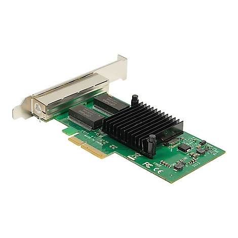 Netzwerkkarte auf grünem PCB mit Kühlkörper, Anschlüssen und silbernem Metall-Slotblech vor weißem Hintergrund.