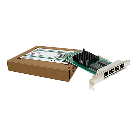 Eine Argus PCIe Gigabit-Netzwerkkarte mit vier LAN-Ports liegt vor ihrer braunen Pappverpackung.