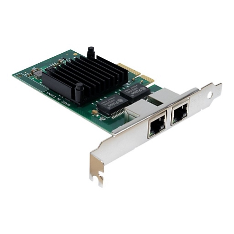 Grüne Netzwerkkarte mit zwei Ethernet-Anschlüssen, schwarzem Kühlkörper und silberner Slotblende.