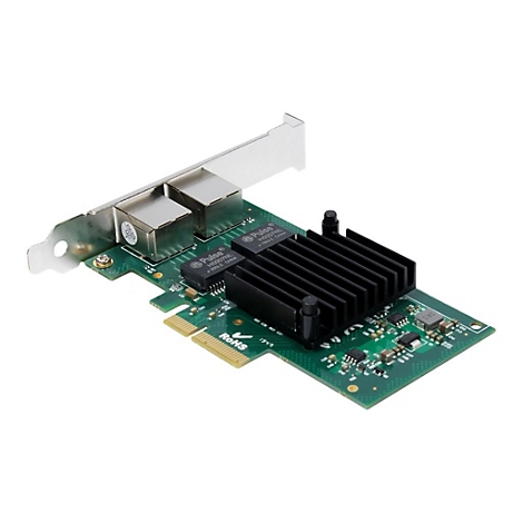 Netzwerkkarte mit zwei Ethernet-Anschlüssen, schwarzem Kühlkörper und grüner Leiterplatte auf weißem Hintergrund.