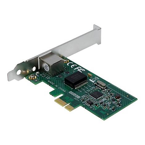 Eine grüne PCIe-Netzwerkkarte mit RJ45-Anschluss und silberner Slotblende vor weißem Hintergrund.
