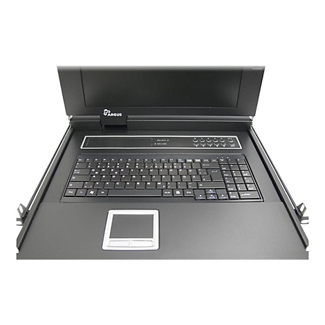 Ausgeklappte Argus-Rackkonsole mit Tastatur, Touchpad und Display vor weißem Hintergrund.